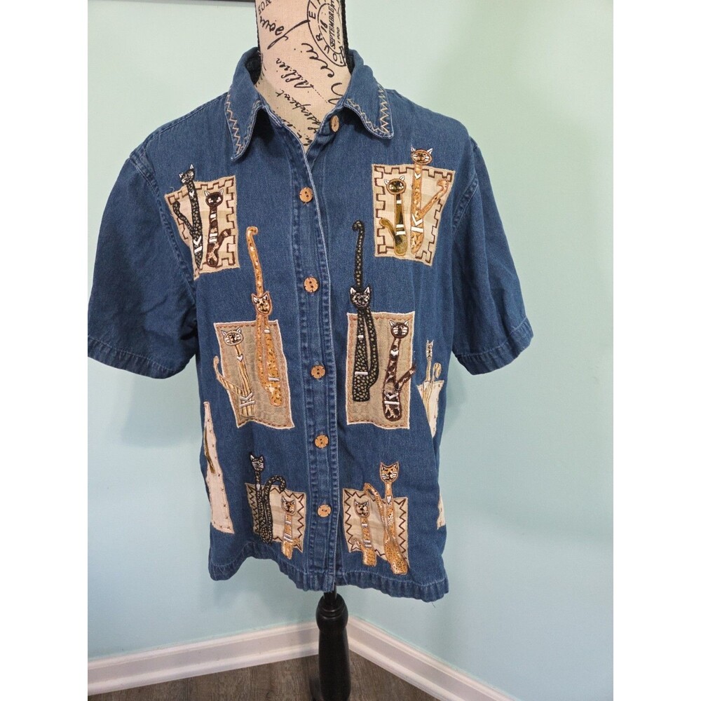DressBarn Shirt Cat Theme Patches Short Sleeve Button Denim Blue Cat Mom large